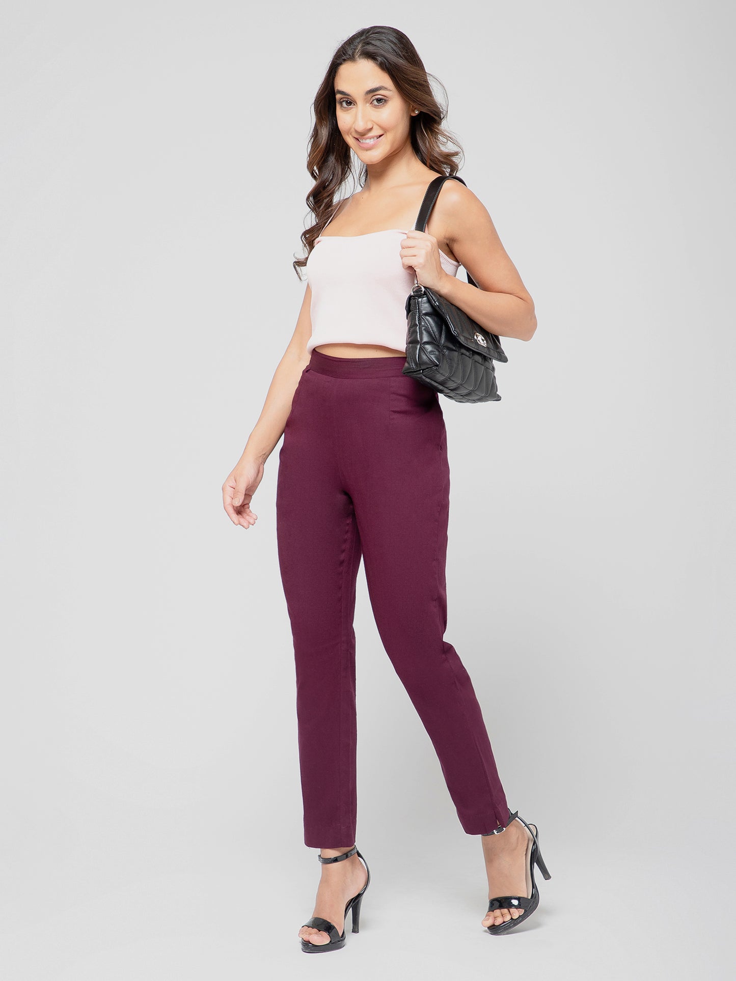 Regular Fit Women Wine Stretchable Pants
