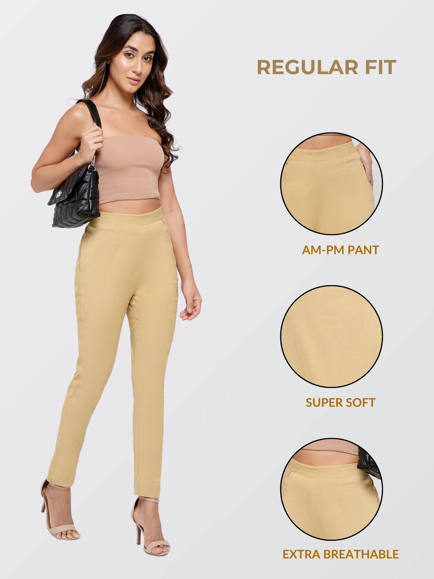 Regular Fit Women Beige Stretchable Pants
