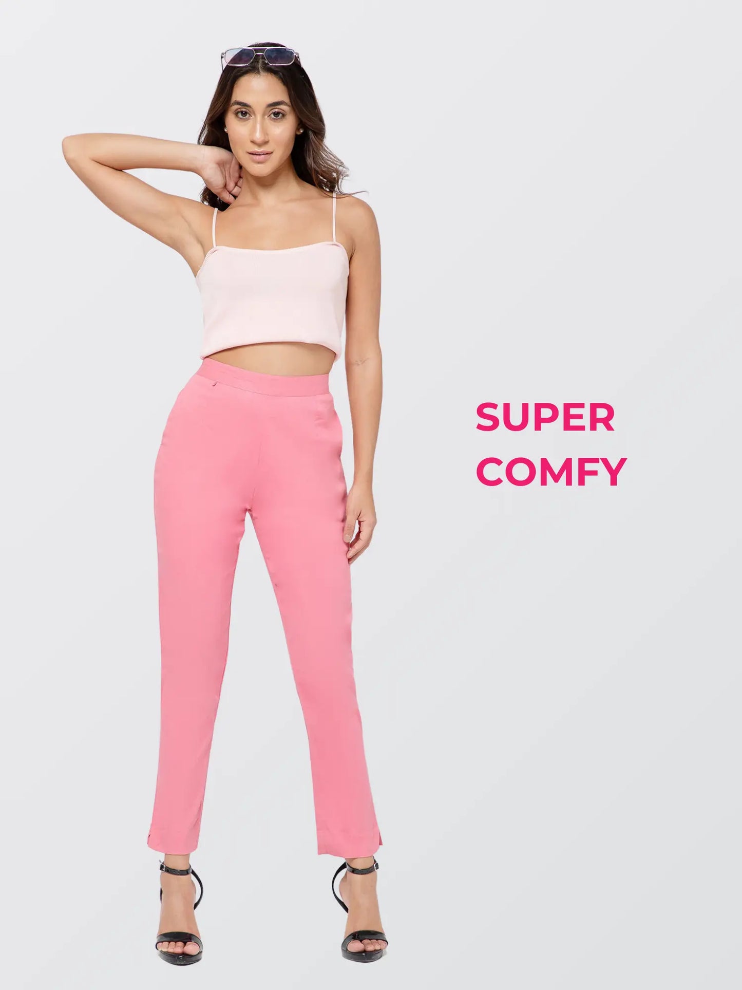 Regular Fit Women Rose Baby Pink Stretchable Pants