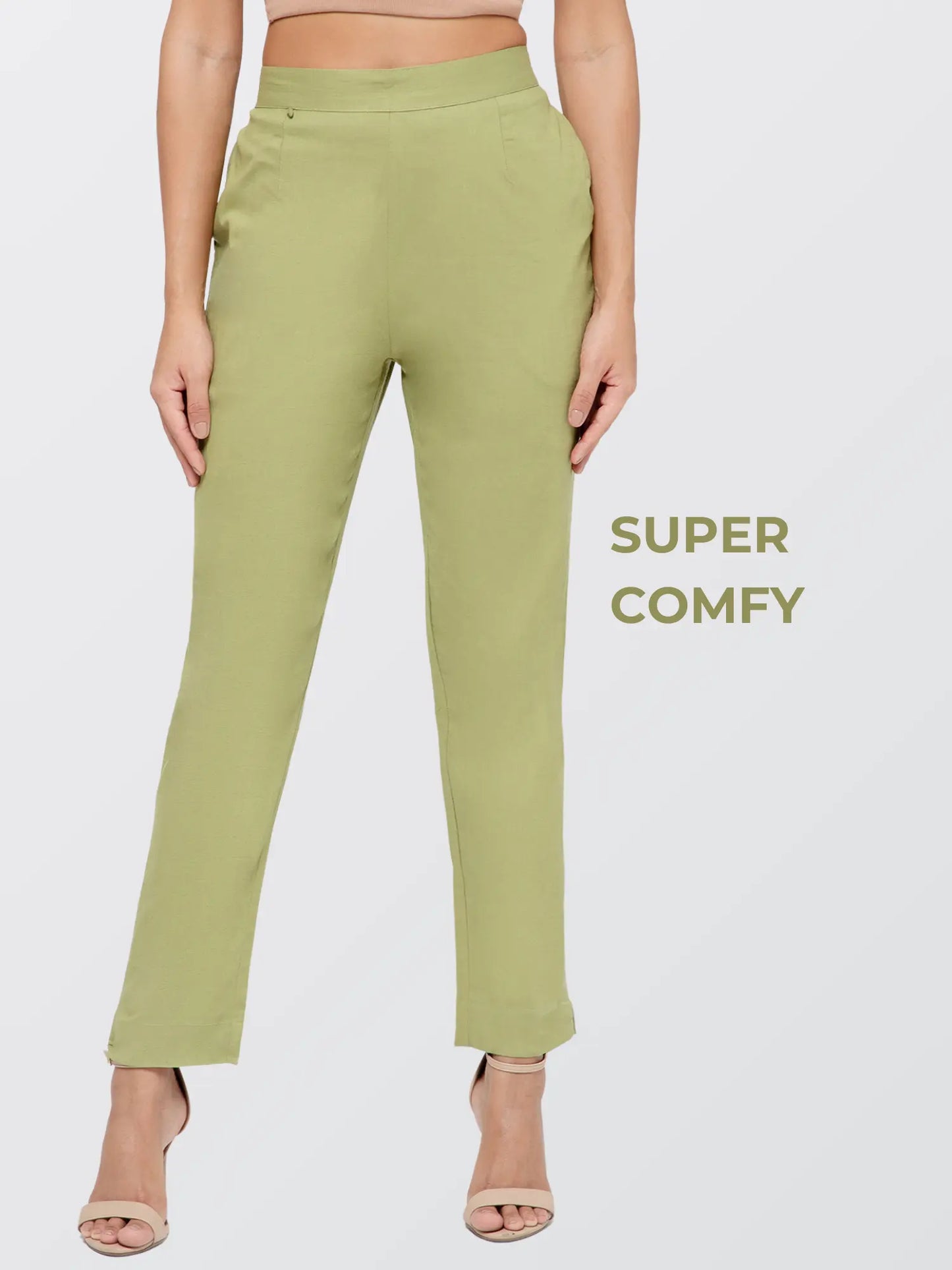 Regular Fit Women Pista Green Stretchable Pants