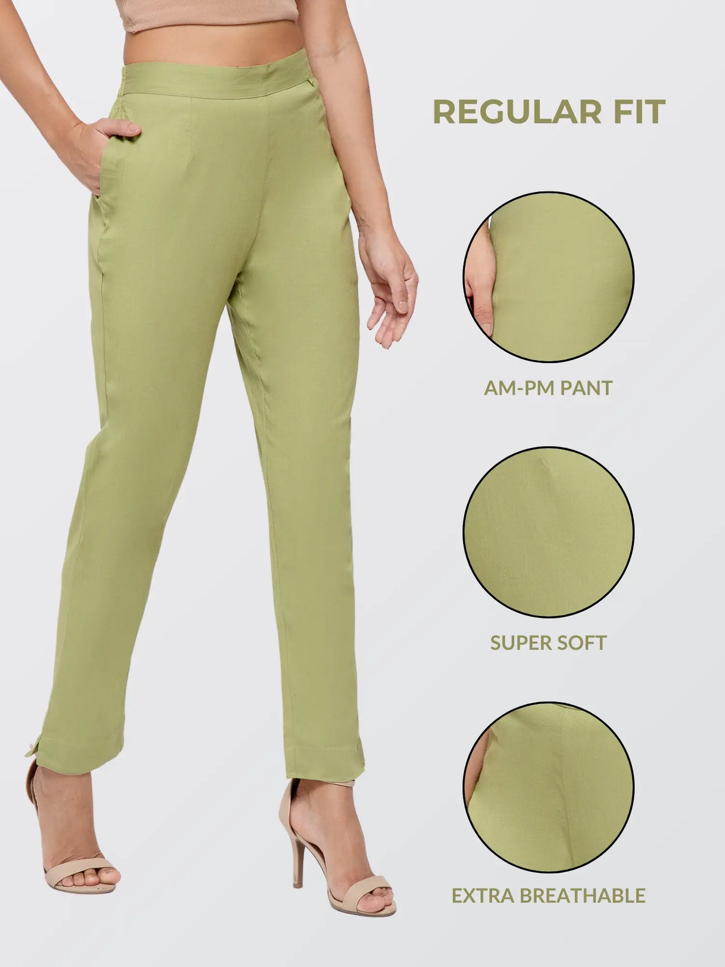 Regular Fit Women Pista Green Stretchable Pants