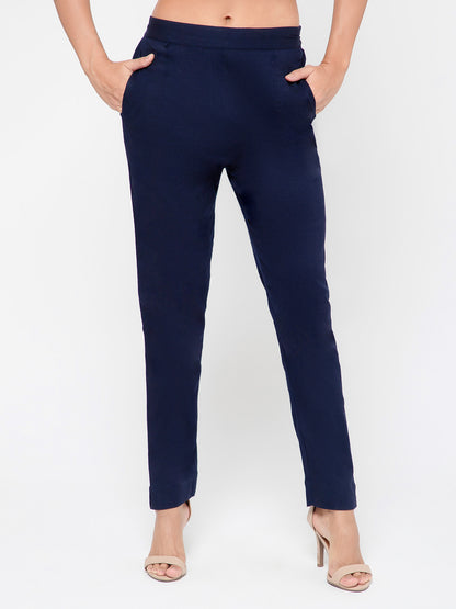 Regular Fit Women Dark Blue Stretchable Pants