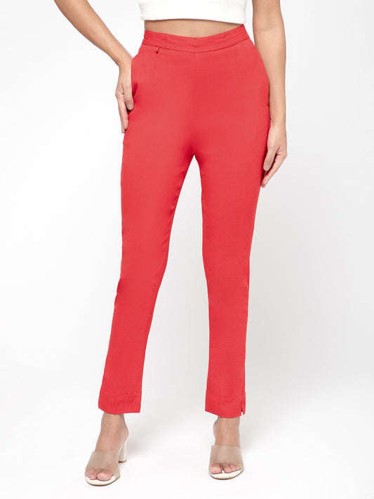 Regular Fit Women Red Stretchable Pants