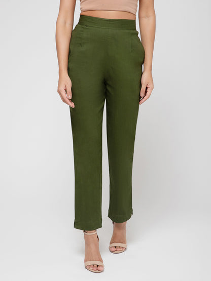 Regular Fit Women Mehendi Green Stretchable Pants