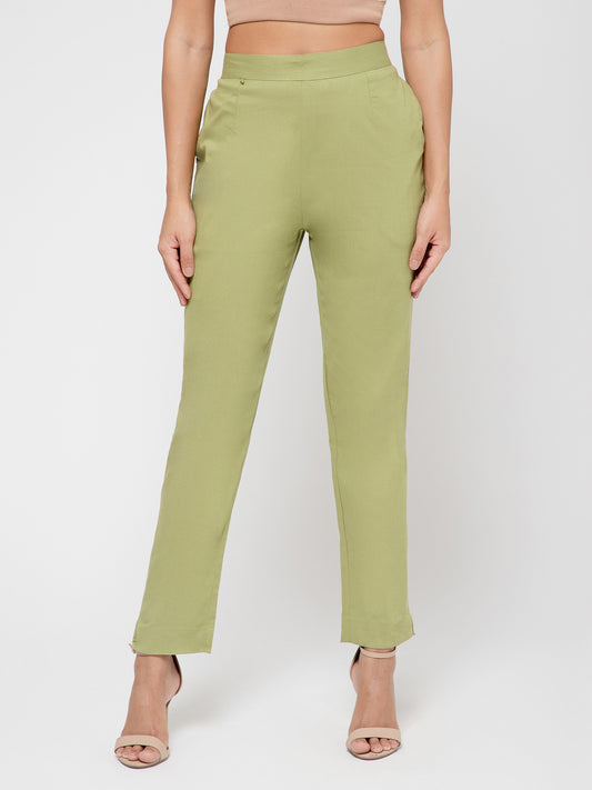 Regular Fit Women Pista Green Stretchable Pants
