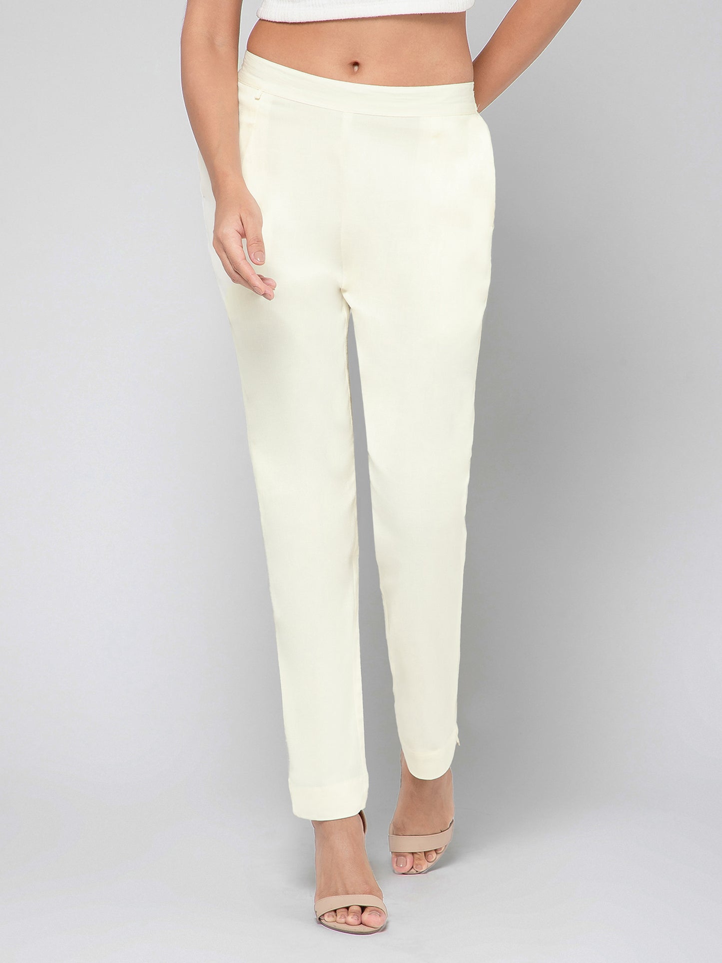 Regular Fit Women Cream Stretchable Pants