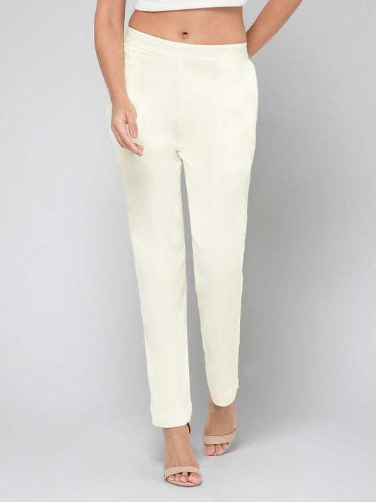 Regular Fit Women Cream Stretchable Pants
