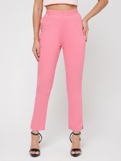 Regular Fit Women Rose Baby Pink Stretchable Pants
