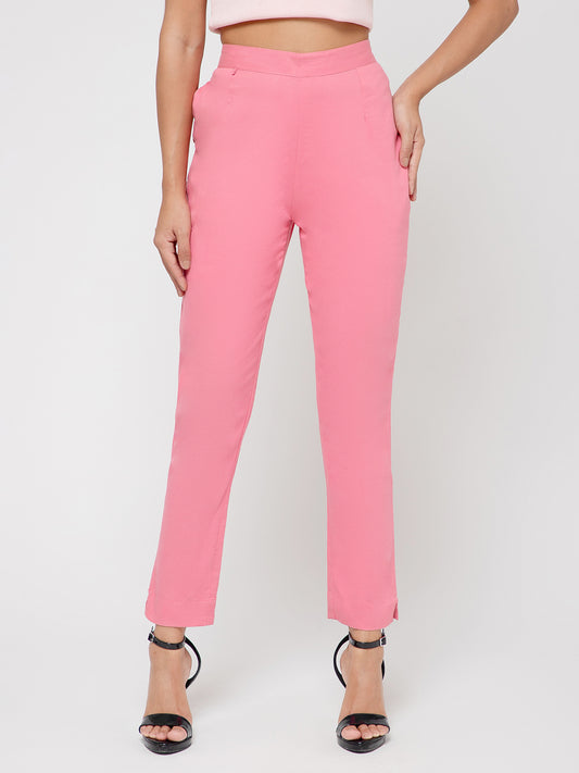 Regular Fit Women Rose Baby Pink Stretchable Pants