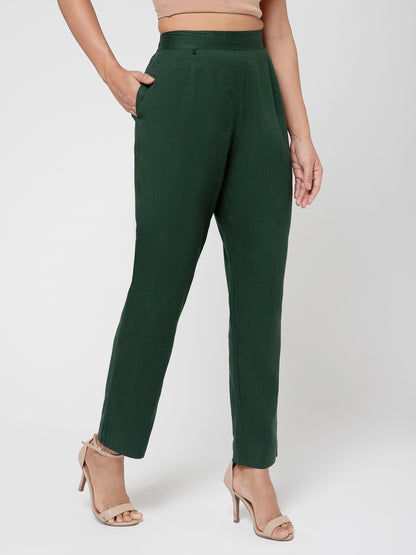 Regular Fit Women Bottle Green Stretchable Pants