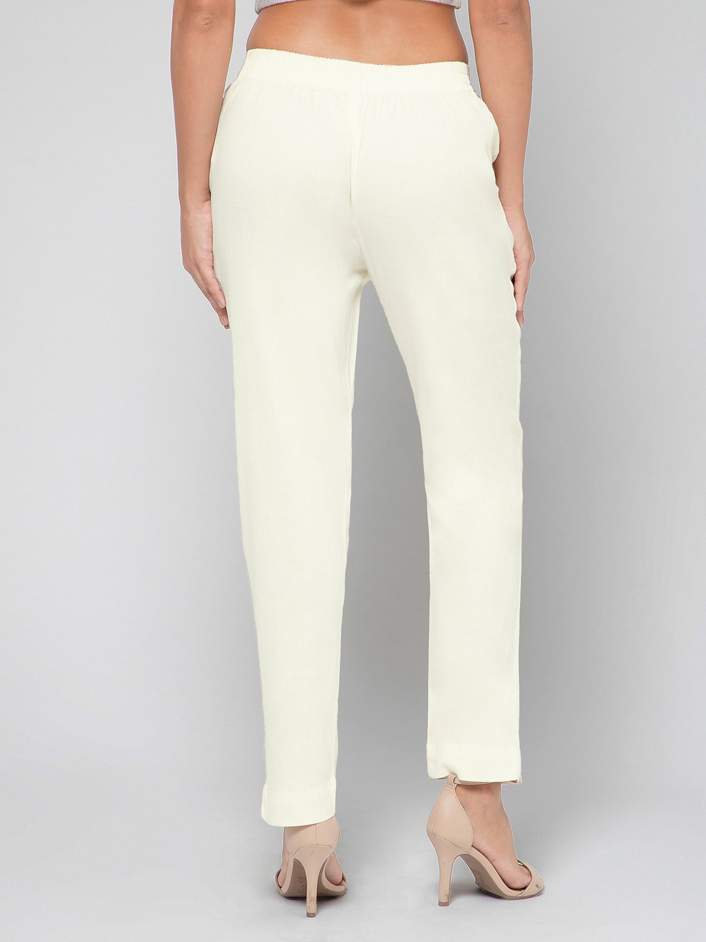 Regular Fit Women Cream Stretchable Pants