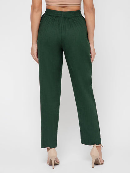 Regular Fit Women Bottle Green Stretchable Pants