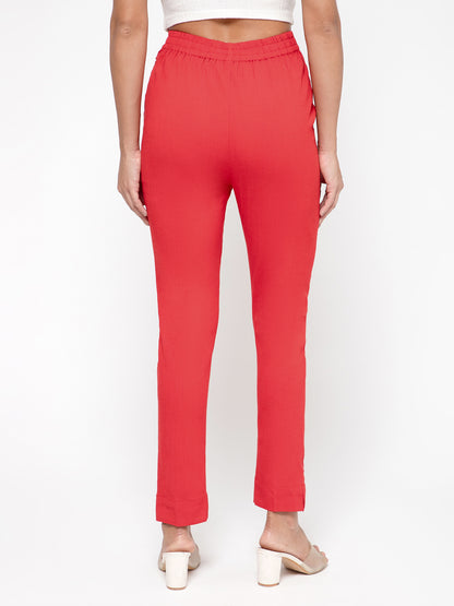 Regular Fit Women Red Stretchable Pants