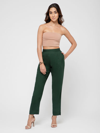 Regular Fit Women Bottle Green Stretchable Pants