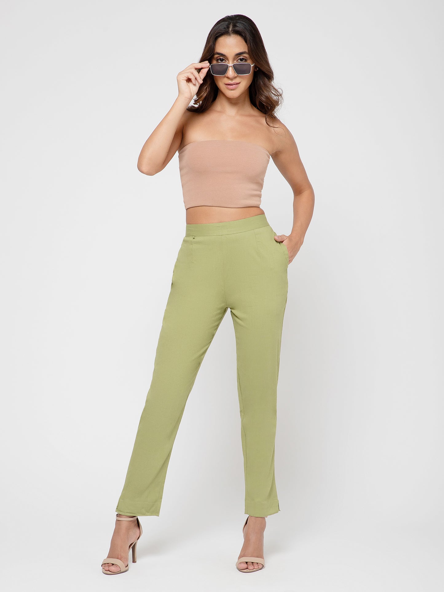 Regular Fit Women Pista Green Stretchable Pants