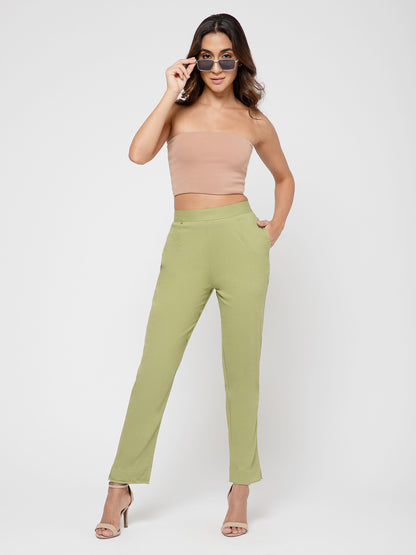 Regular Fit Women Pista Green Stretchable Pants