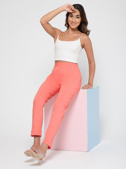 Regular Fit Women Peach Stretchable Pants