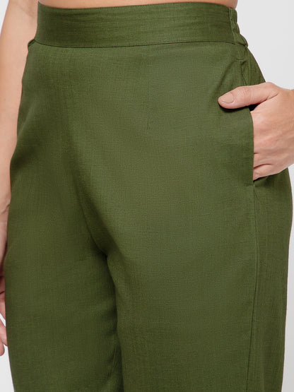Regular Fit Women Mehendi Green Stretchable Pants