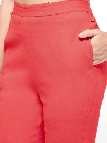Regular Fit Women Red Stretchable Pants