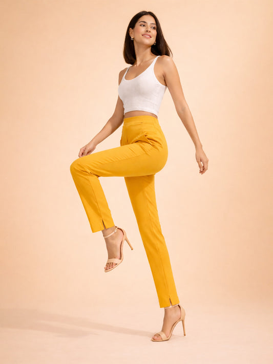 Regular Fit Women Mustard Stretchable Pants