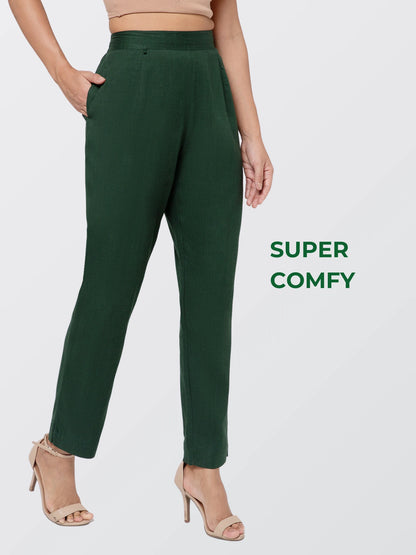 Regular Fit Women Bottle Green Stretchable Pants