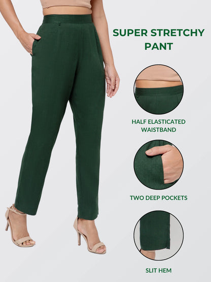Regular Fit Women Bottle Green Stretchable Pants