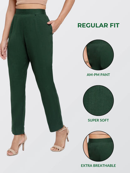 Regular Fit Women Bottle Green Stretchable Pants