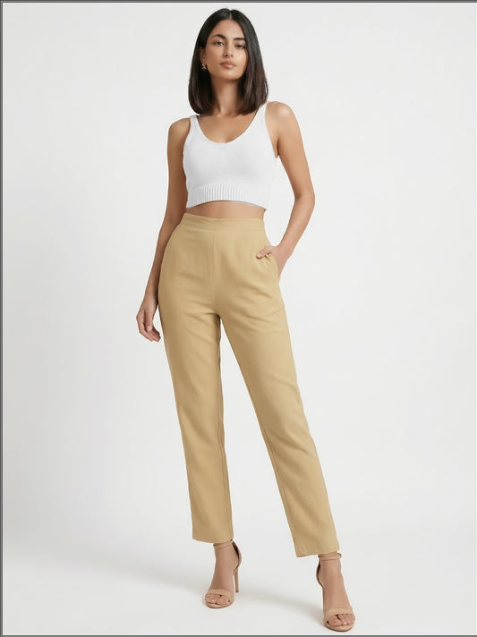 Regular Fit Women Beige Stretchable Pants