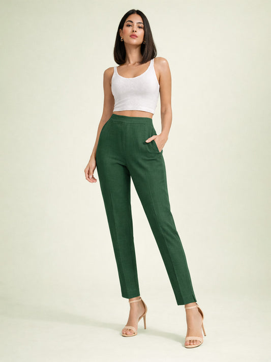 Regular Fit Women Bottle Green Stretchable Pants