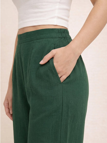 Regular Fit Women Bottle Green Stretchable Pants