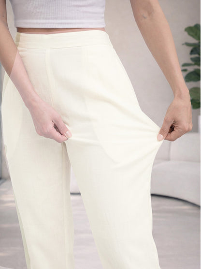 Regular Fit Women Cream Stretchable Pants