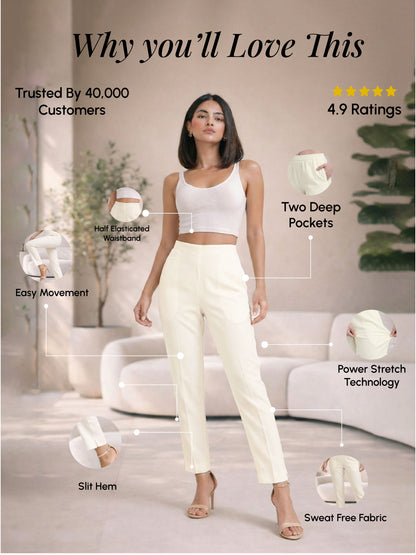 Regular Fit Women Cream Stretchable Pants