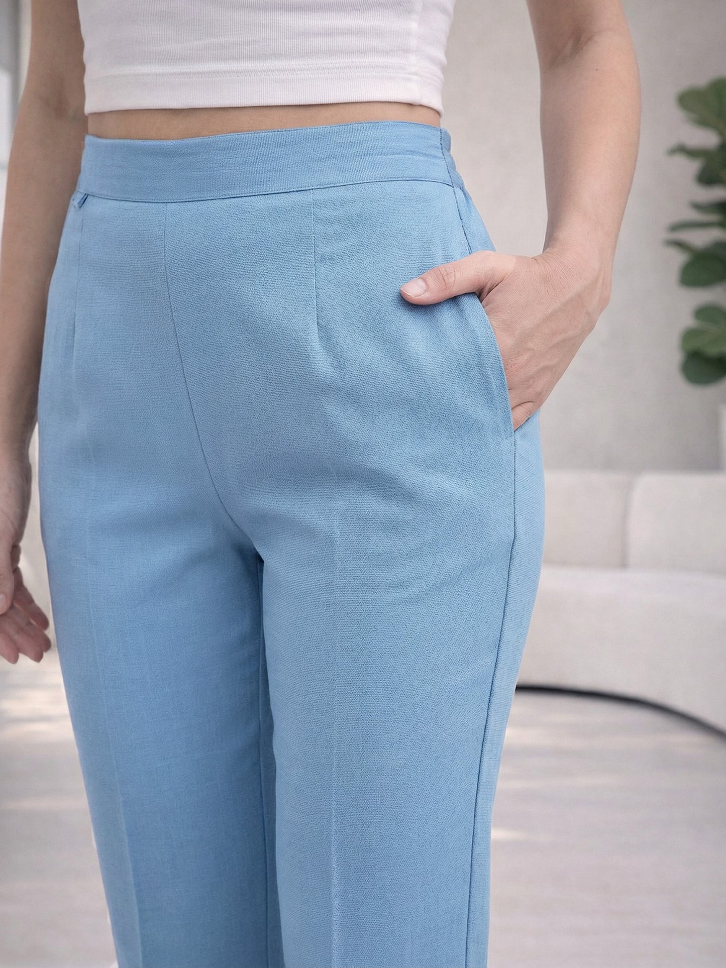 Regular Fit Women Denim Blue Stretchable Pants