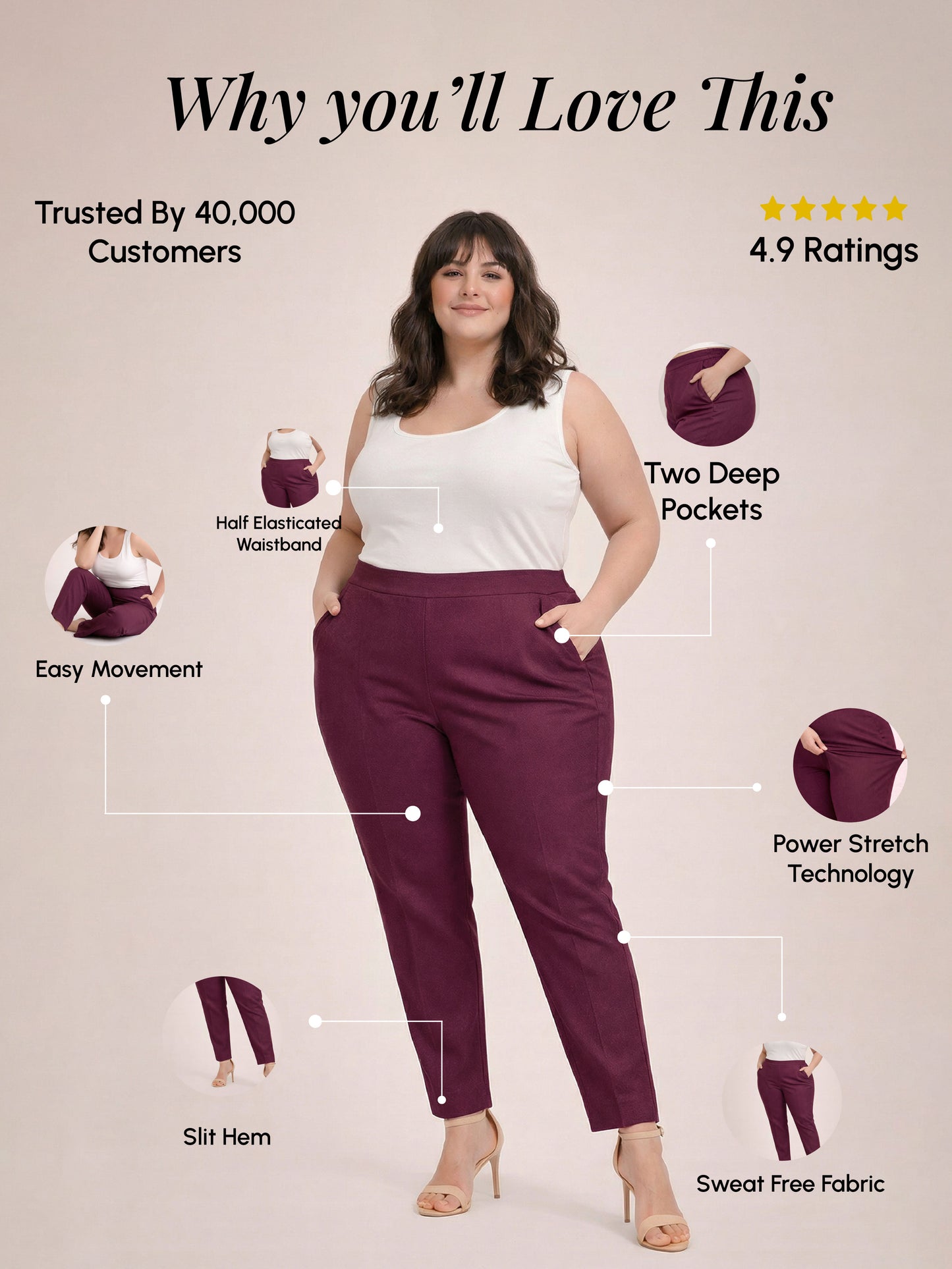 Regular Fit Women Wine Stretchable Pants