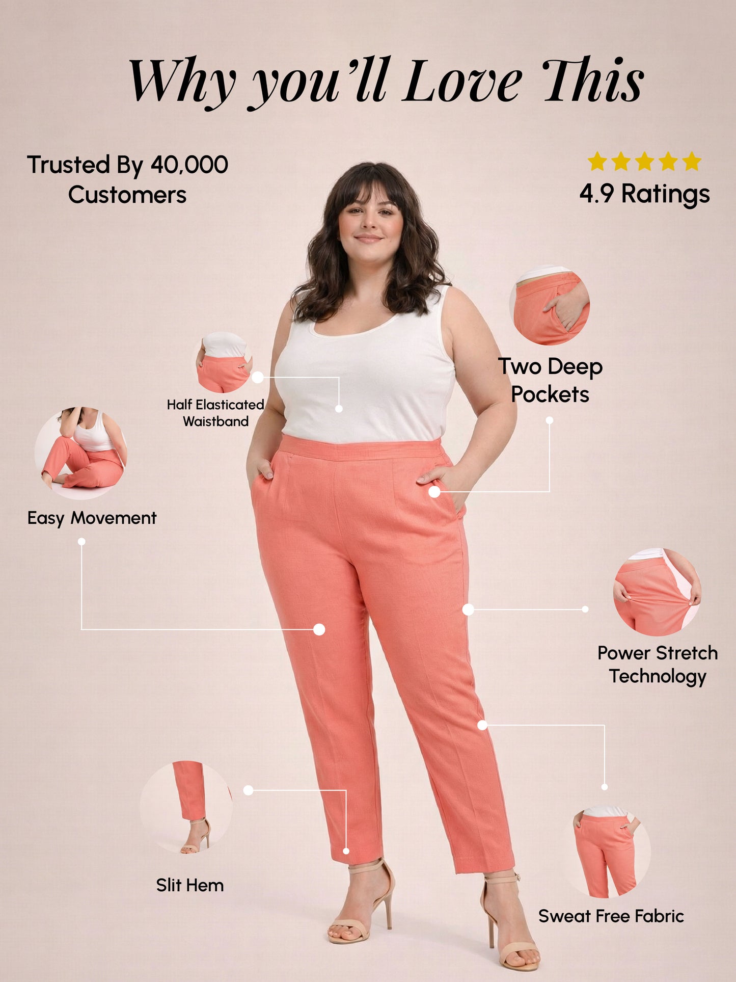 Regular Fit Women Peach Stretchable Pants
