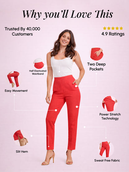 Regular Fit Women Red Stretchable Pants