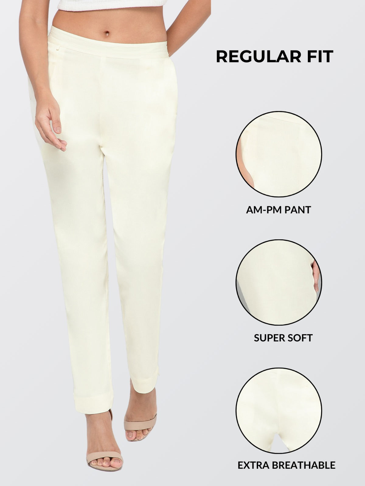 Regular Fit Women Cream Stretchable Pants