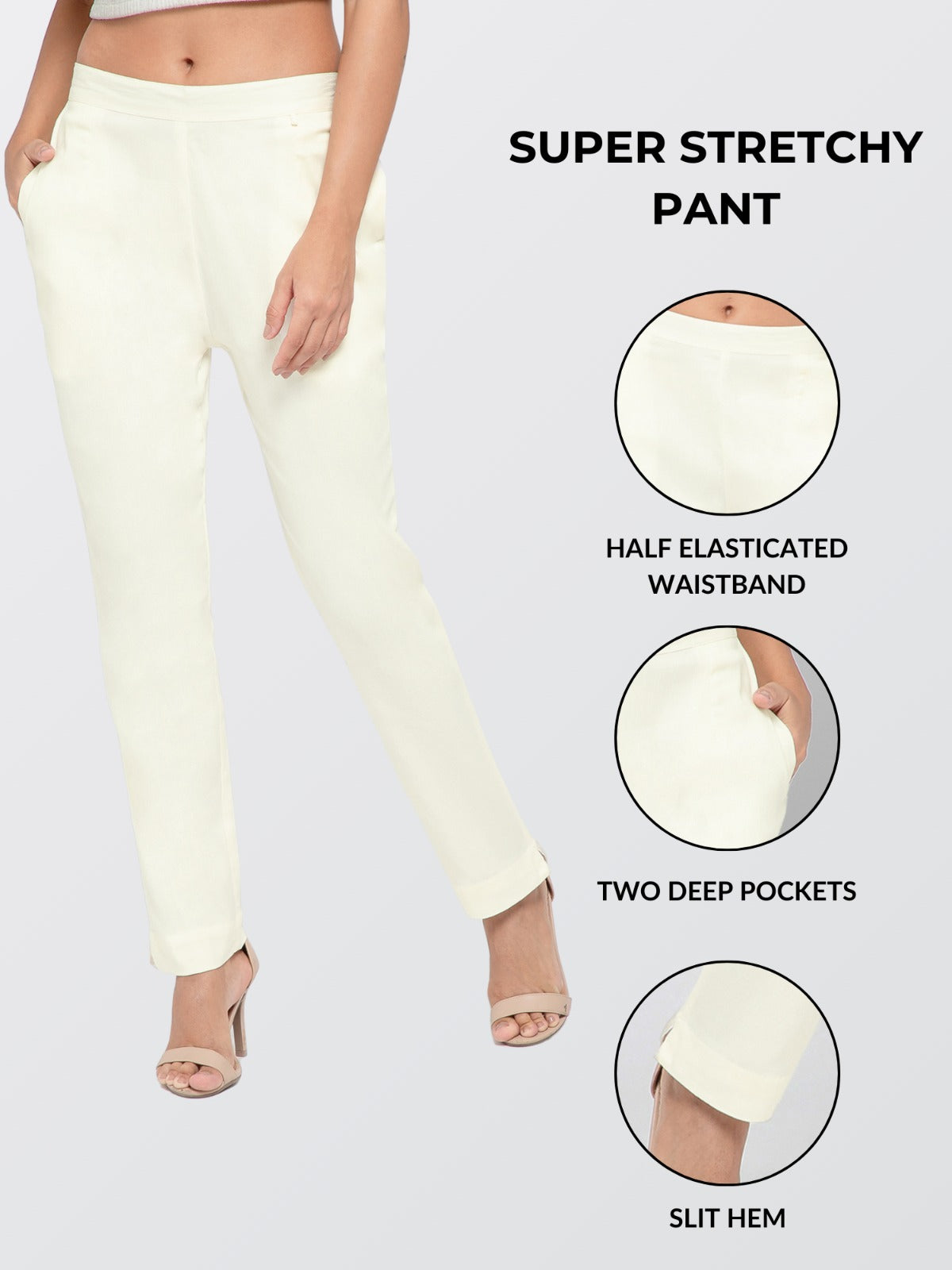 Regular Fit Women Cream Stretchable Pants