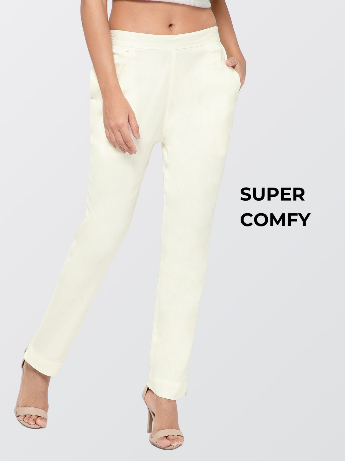 Regular Fit Women Cream Stretchable Pants