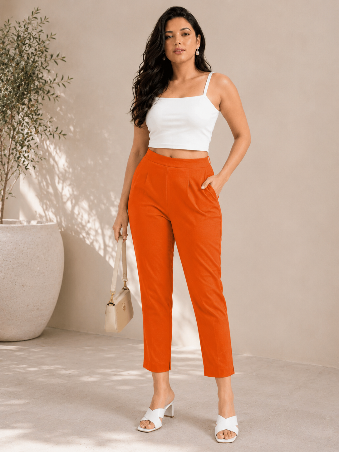 Regular Fit Women Deep Orange Stretchable Pants
