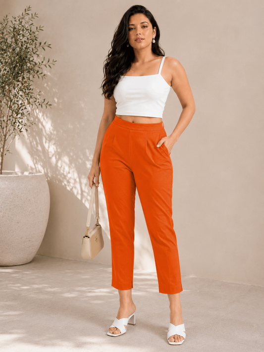 Regular Fit Women Deep Orange Stretchable Pants