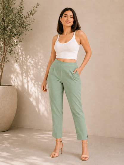 Regular Fit Women Sea Green Stretchable Pants