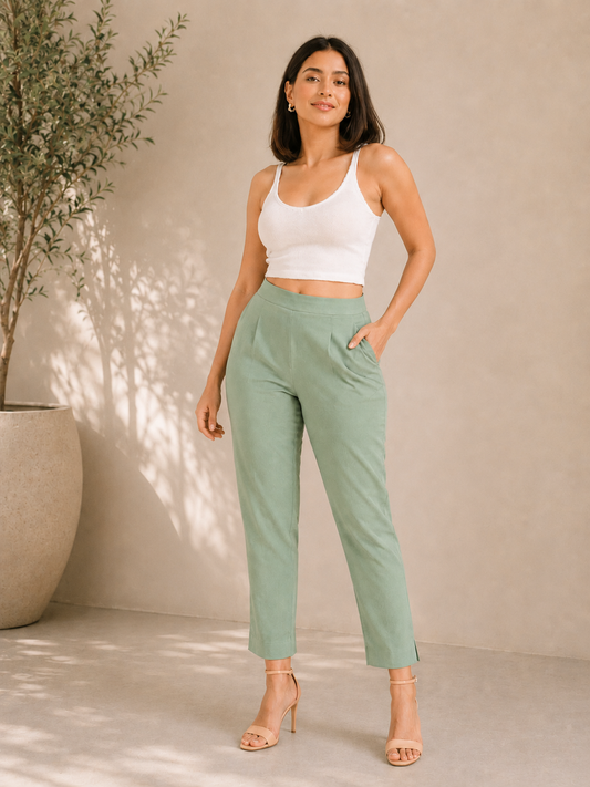 Regular Fit Women Sea Green Stretchable Pants