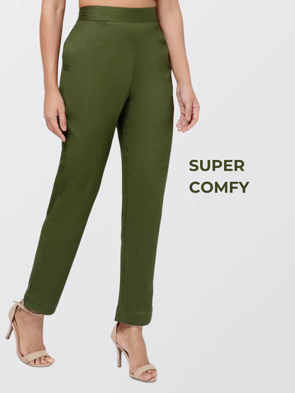 Regular Fit Women Mehendi Green Stretchable Pants