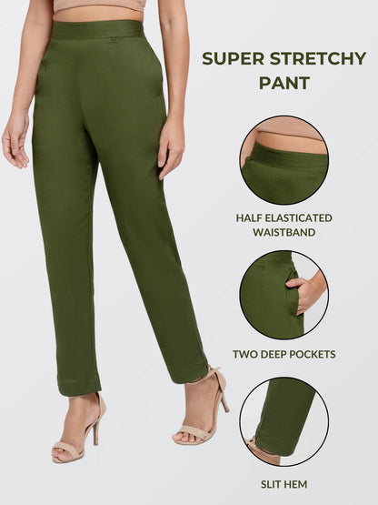 Regular Fit Women Mehendi Green Stretchable Pants