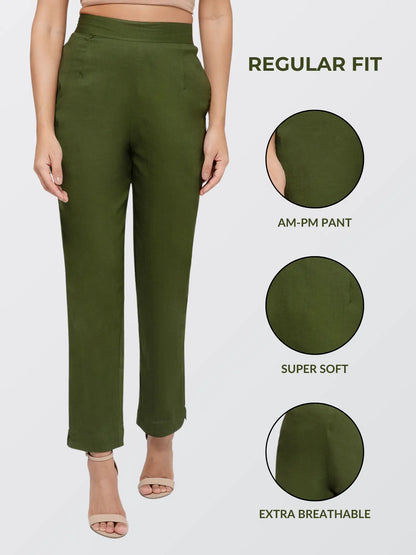 Regular Fit Women Mehendi Green Stretchable Pants