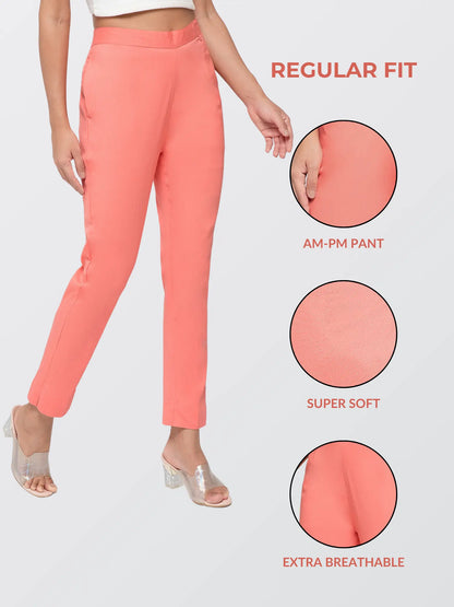 Regular Fit Women Peach Stretchable Pants