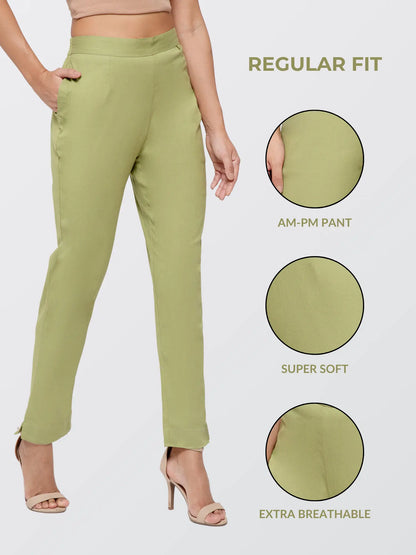 Regular Fit Women Pista Green Stretchable Pants