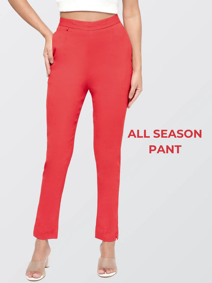 Regular Fit Women Red Stretchable Pants