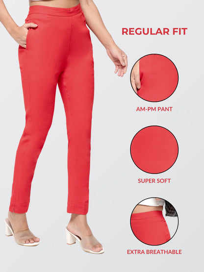 Regular Fit Women Red Stretchable Pants